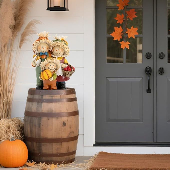 Hodao Fall Scarecrow Family Figurine with Pumpkin, Corn and Apple Basket, Hand-Painted Resin, Autumn Harvest and Thanksgiving Home Decor and Gift for Tiered Tray, Mantel, Tabletop, Windowsill