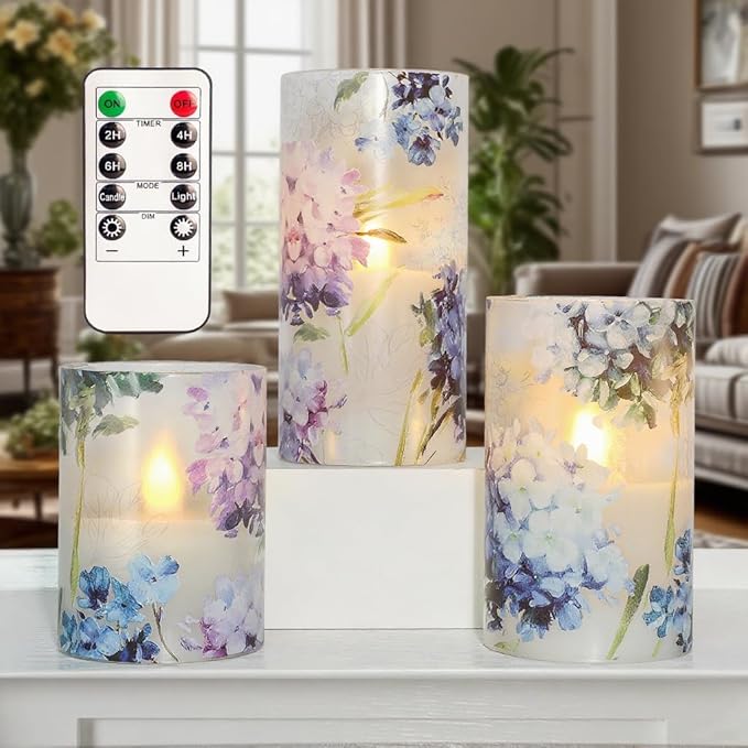 Blue Violet Hydrangea Flameless Candles LED Flicker with Remote DIM Love Theme Summer Spring Decorative Glass Decor Wedding Date Proposal Dinner Table Home Gift for Lover