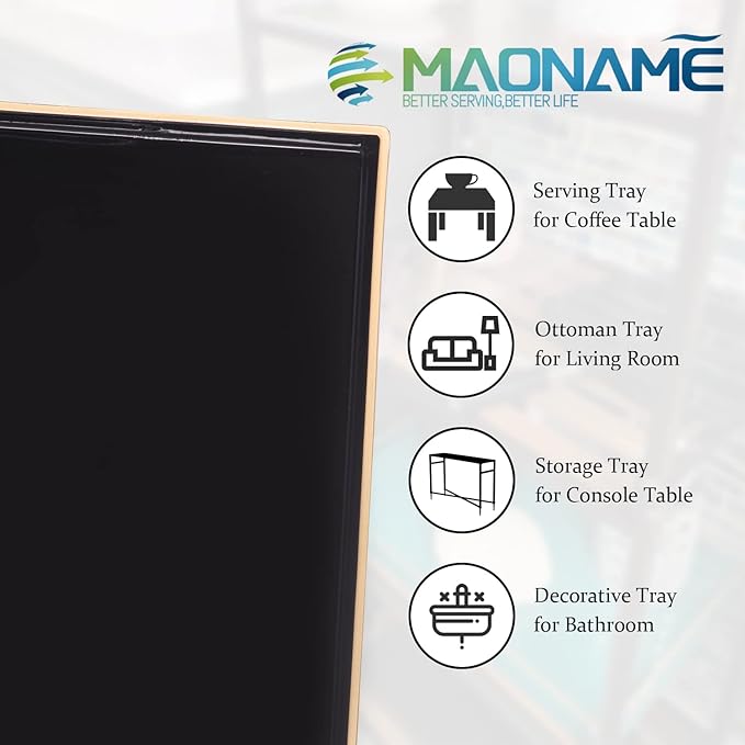 MAONAME Black Serving Tray with Handles, Rectangular Decorative Tray, Modern Coffee Table Trays, Plastic Ottoman Trays for Bathroom, Decor, 15.7” x 11.8” x 1.57"