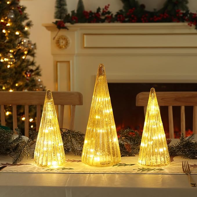 YEAHOME Christmas Decorations Indoor, 3 Pack Pre-lit Gold Glass Christmas Tree Home Decor, Christmas Table Decorations Lighted Xmas Tree with Timer for Living Room Fireplace Tabletop Party