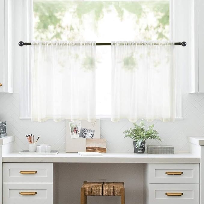 MIULEE Short Sheer Curtains 30 Inch Length for Kitchen Bathroom Cafe Half Window Treatment, Rod Pocket Tier Curtains 2 Panels, 29x30 Inches Long, Ivory