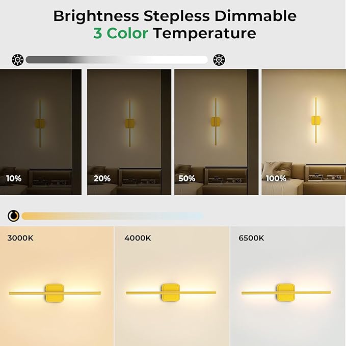 10000mAh Battery Operated Wall Sconce Detachable, Wireless Wall Lamp 3000-6500K Dimmable, Rechargeable Wall Light for Bedroom, Living Room, 28.3" Gold (4 Pack)