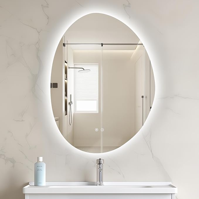 Niccy Irregular LED Bathroom Mirror, 30"x40" Asymmetrical Backlit Vanity Wall Mirrors, Frameless Lighted Mirrors for Bedroom, Living Room, Modern Smart-Mirror with Anti-Fog, Dimmable, Memory Function
