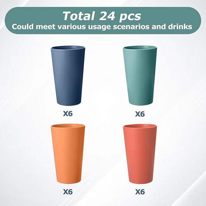 24 Pcs Unbreakable Plastic Cups Set, 20 oz Reusable Plastic Cups, Stackable Water Tumblers, Drinking Cup for Kitchen, Outdoor, BPA-free, Dishwasher Refrigerator and Microwave Safe (20 oz, 4 Colors)