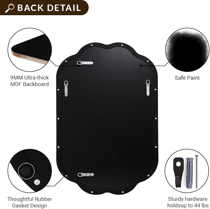 ANDY STAR Scalloped Bathroom Mirror, 24x36 Inch Matte Black Vanity Mirror in Stainless Steel Metal Frame, Unique Oval Mirror with Modern Curved Edge Design, Ideal for Bathroom, Bedroom, Entryway
