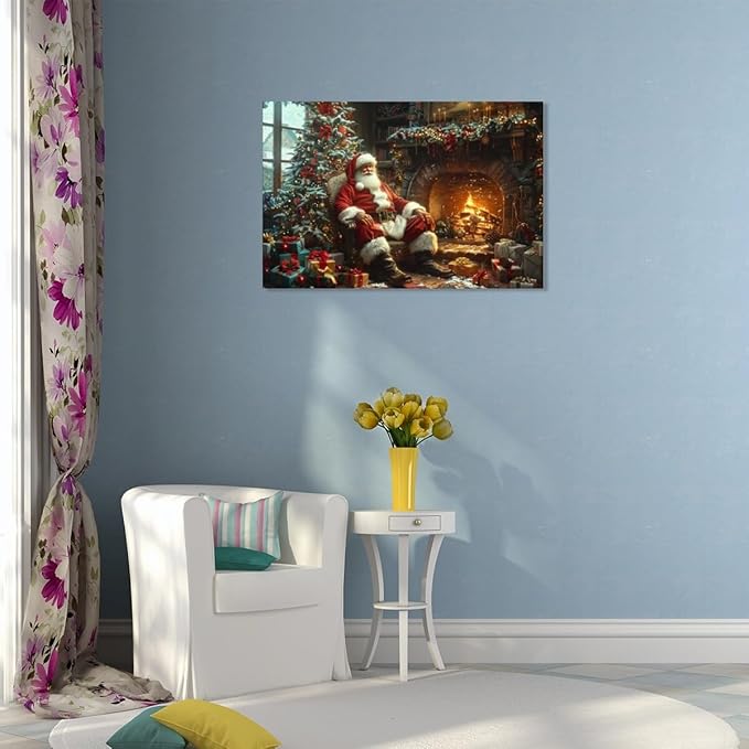 Vintage christmas wall art christmas tree gift canvas poster winter room holiday decor santa claus cozy fireplace decoration for living room bedroom Framed30x20inch