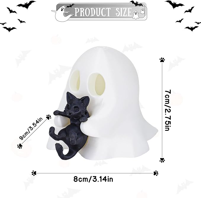 1 Pcs Halloween Ghost Figurine Cute Desktop Ornament Cute Cartoon Little Ghost Hugging Kitten Designs 3D Printing Spooky Halloween Statue for Home Offince Art Display Decor Suppies