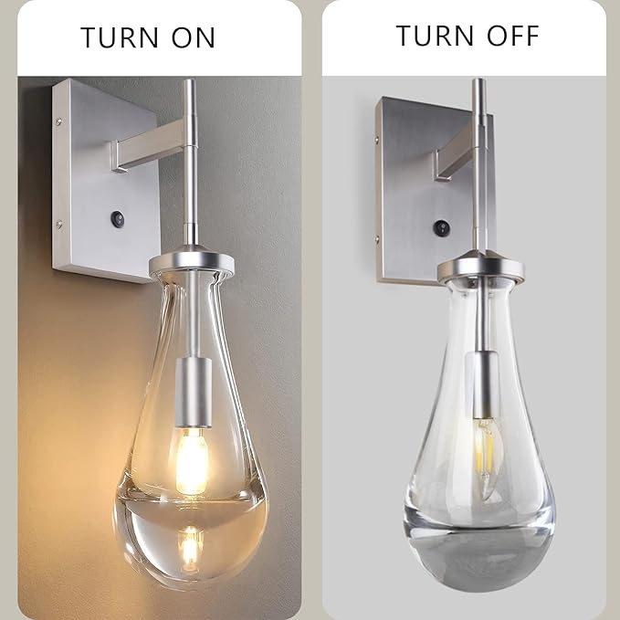HuisMier Brushed Nickel Wall Sconce, Raindrop Wall Sconces with On Off Switch Button, Modern Clear Glass Wall Light Fixture Vanity Wall Lamp for Bathroom Bedroom Living Room Hallway