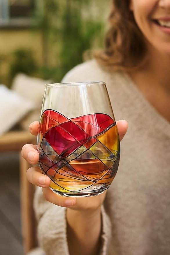 Stemless Wine Glasses – Hand‑Painted Set of 2 Unique Wine Gift for Wedding, Anniversary, Housewarming & Christmas • Sagrada Familia Style • Ideal for Women & Men