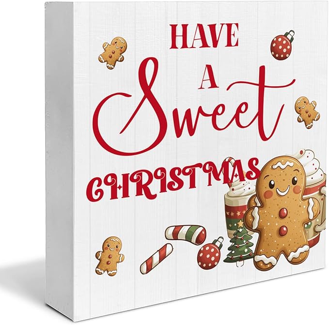 Christmas Kitchen Decorations, Hot Cocoa Wooden Sign Gingerbread Decor, Farmhouse Christmas Wooden Block Sign, Christmas Home Decor for Table Shelf 5 x 5 Inch