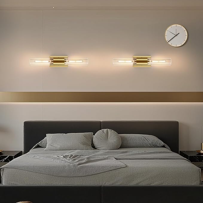 21" Gold Wall Sconces Set of Two, 2-Light Bathroom Sconces Vanity Light Tube Sconce, Clear Glass Indoor Hardwired Mounted Wall Lighting for Living Room,Bedroom,Hallway-Gold Clear (Bulb Not Included)