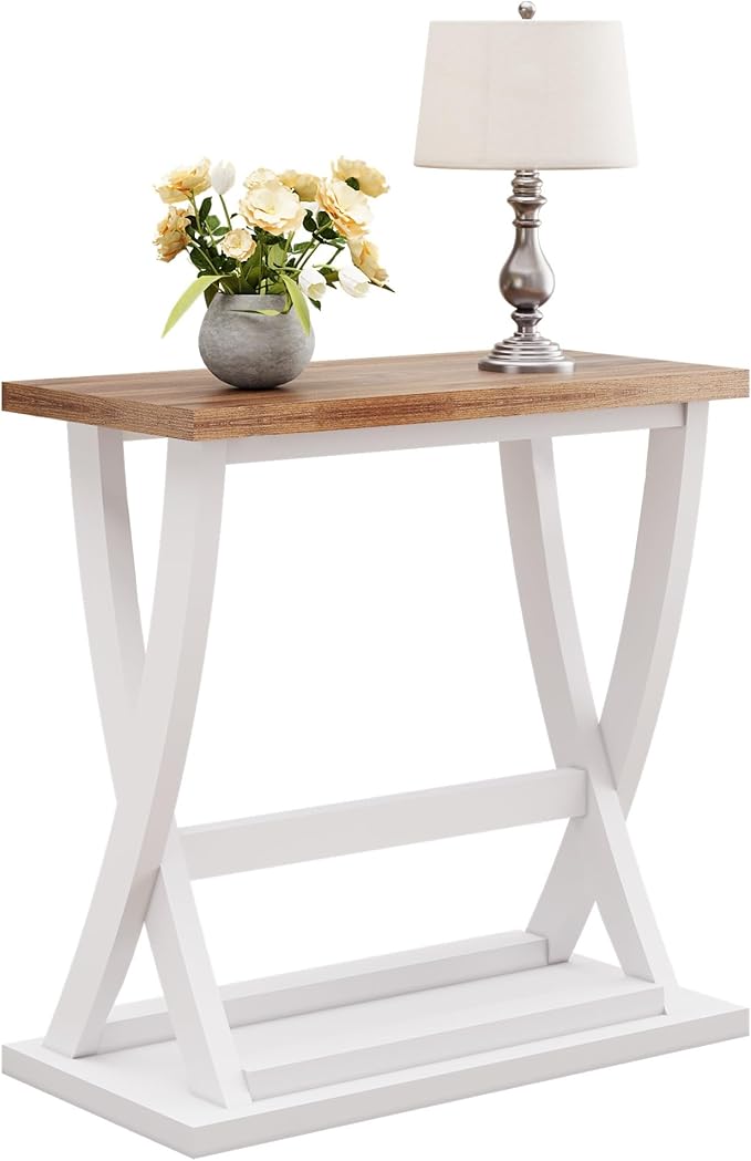 ChooChoo Farmhouse End Table, Narrow Side Table with Storage Shelf, Modern X-Design Slim End Table for Living Room,Bedroom, Small Space, 11.8" D*23.6" W*23.4" D