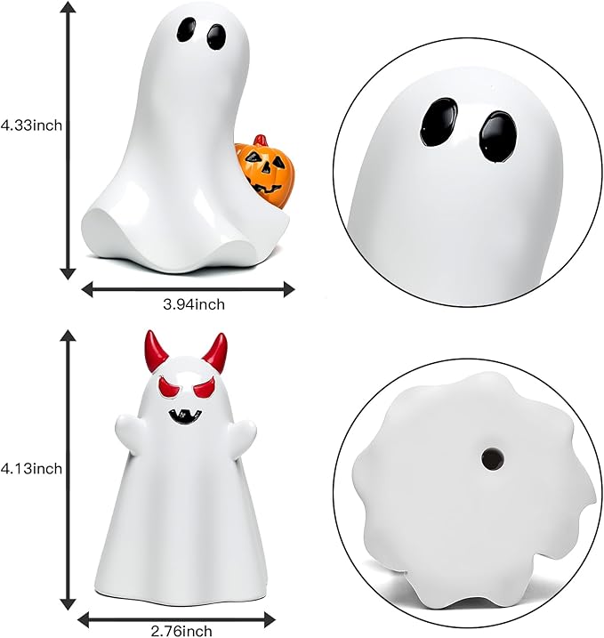 2 pcs Ghost Figurines Halloween Indoor Decoration, White Cute Ghost Halloween Table Decor Tiered Tray Decorations,Funny Devil&Pumpkin Ghost Figurine Resin Statue Centerpieces