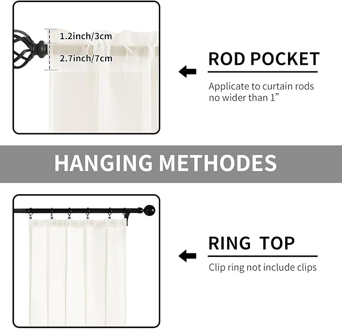 Sheer Curtains 45 Inches Long 2 Panels, Rod Pocket Short Curtain for Kitchen, Bedroom, Cafe Window(Ivory 38" W x 45" L)