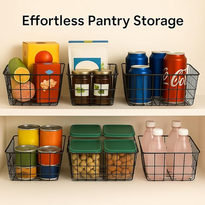 iSPECLE Wire Basket - 6 Pack Wire Storage Baskets Organizer Bins, Pantry Cabinet Shelf Kithen Storage Organization for Easily Get Items, Black