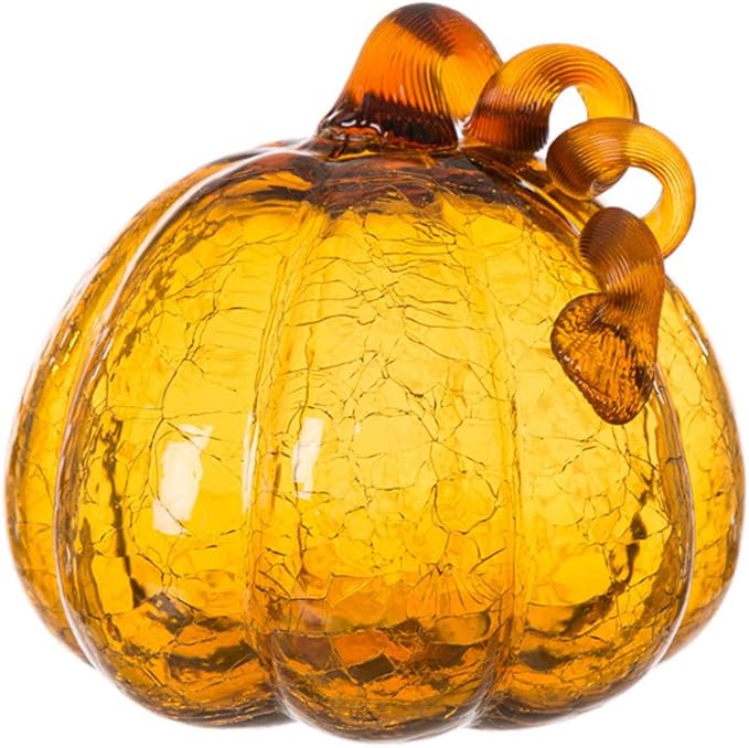 Glitzhome 6.69 Inch Amber Hand Blown Ornaments Crackle Glass Pumpkin for Fall Thanksgiving Halloween and Home Decor