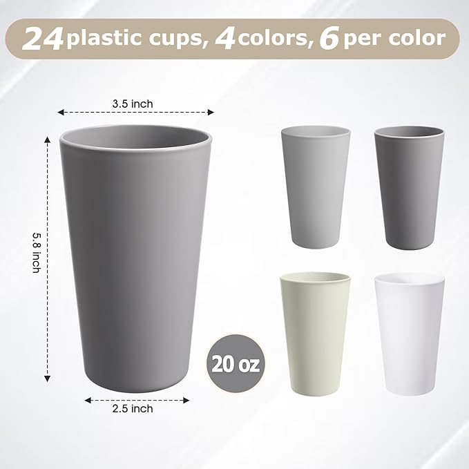 24 Pcs Unbreakable Plastic Cups Set, 20 oz Reusable Plastic Cups, Stackable Water Tumblers, Drinking Cup for Kitchen, Outdoor, BPA-free, Dishwasher Refrigerator and Microwave Safe (20 oz, 4 Colors)