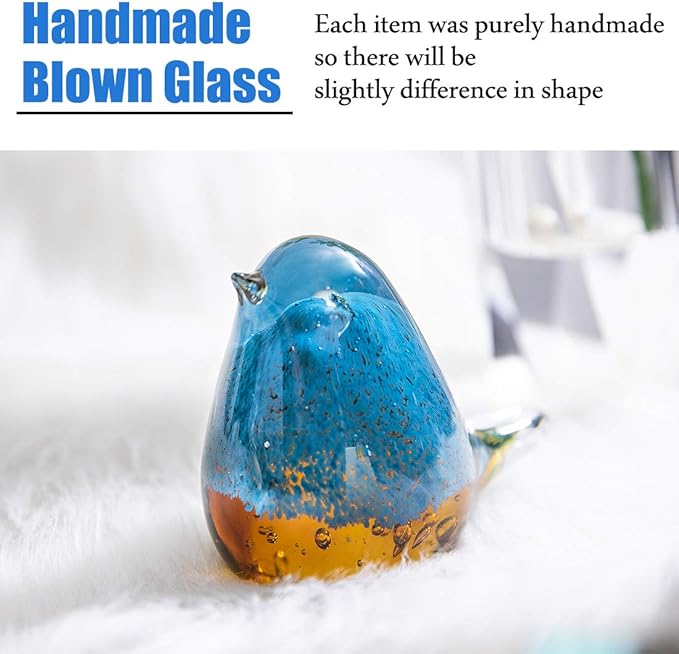 QFkris Blown Glass Bird Figurine Collectible Glass Art Craft Gift for Christmas, Birthday Home Decor Blue Yellow Paper Weight