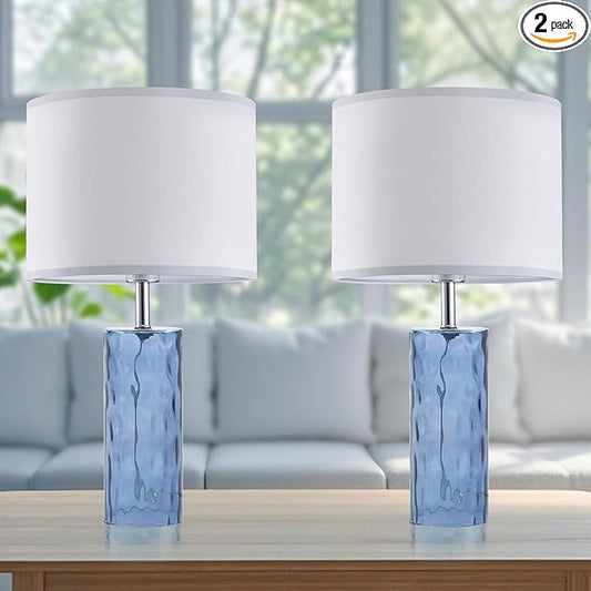 21.7" Modern Glass Table Lamps Set of 2 for Bedroom, Ocean Wavy Style Base with 3 Color Temperatures Bedside Lamps for Coastal Living Room Night Stands End Tables Farmhouse