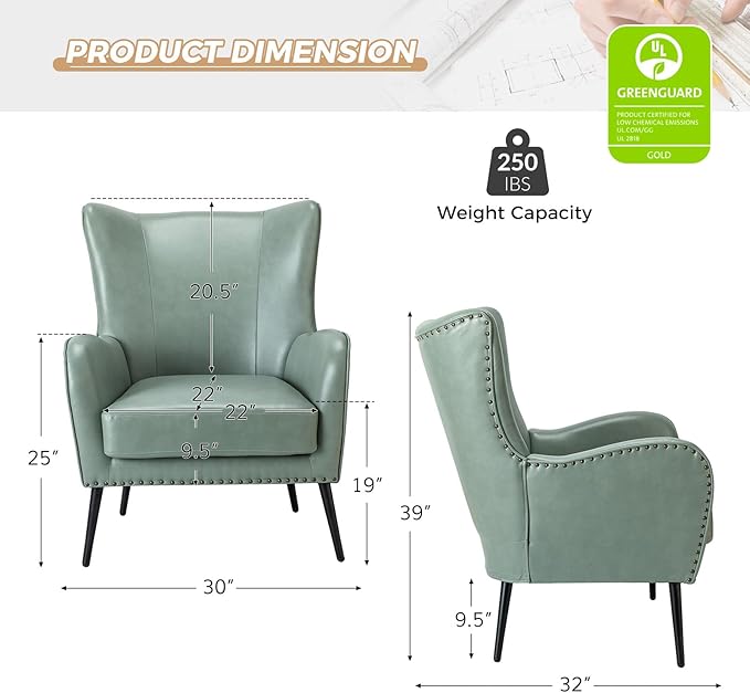 HULALA Home Faux Leather Accent Chair w/Removable Cushion, Comfy Upholstered Armchair with Black Metal Legs & Nailhead Trim Wingback Vanity Chair Desk Chair for Bedroom Reading Living Room, SAGE