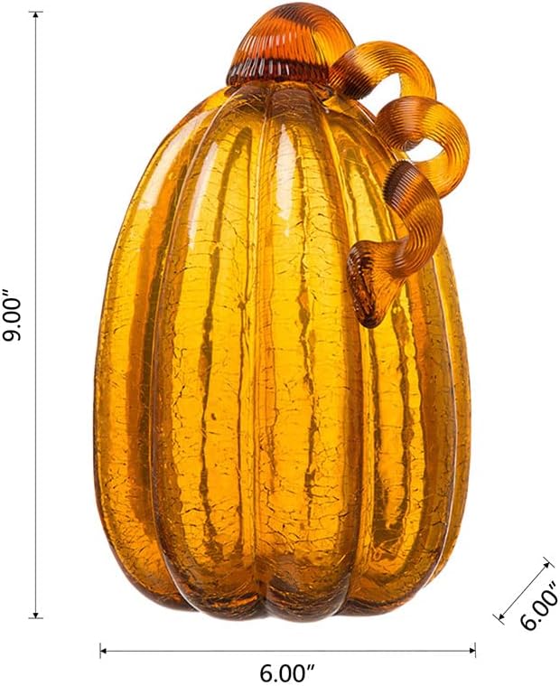 Glitzhome 9.06" Amber Hand Blown Crackle Glass Pumpkin for Fall Harvest Thanksgiving Halloween Decoration