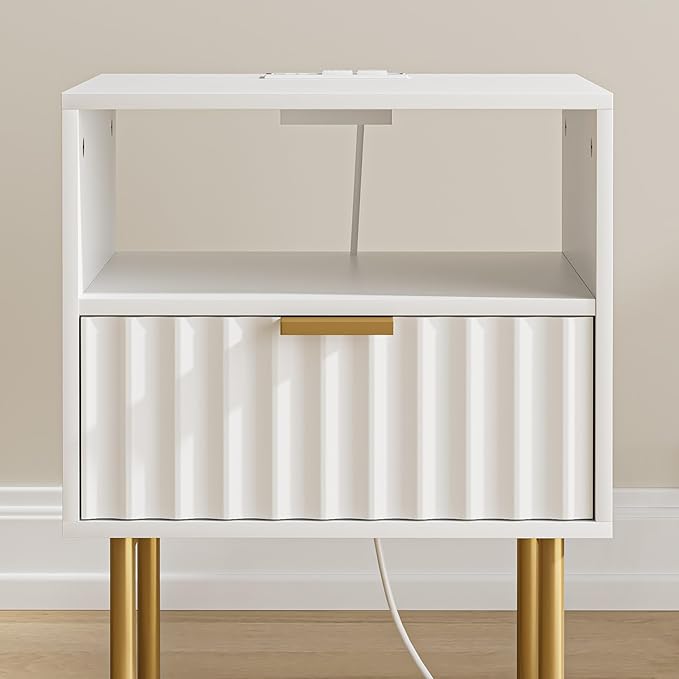 Masupu Nightstand with Charging Station,Mid-Century Modern Bedside Table with Storage Drawer and Open Wood Shelf,Small Gold Frame Side Table for Bedroom,Living Room (White Fluted)