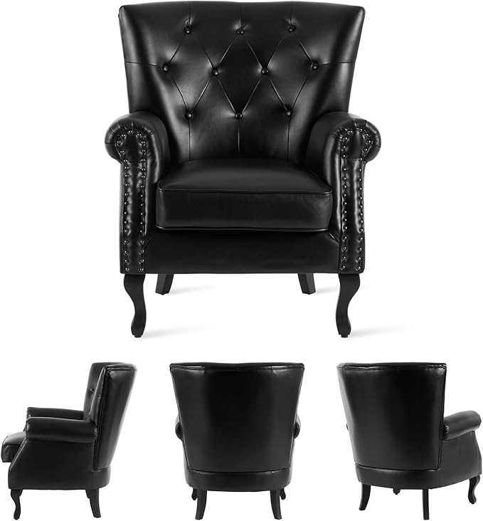 MOJAY PU Leather Accent Chair, Mid-Century Modern Armchair Living Room Club Chair with Tufted Button & Rivet Trim, Upholstered Sofa Chair with Sturdy Wood Legs for Bedroom (Black)