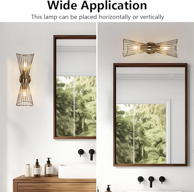 Brass Wall Sconces,Mid Century Wall Sconce,2 Light Bathroom Vanity Light Hardwired Vintage Sconces Wall Lighting Fixtures for Bedroom Living Room Bathroom Hallway E26
