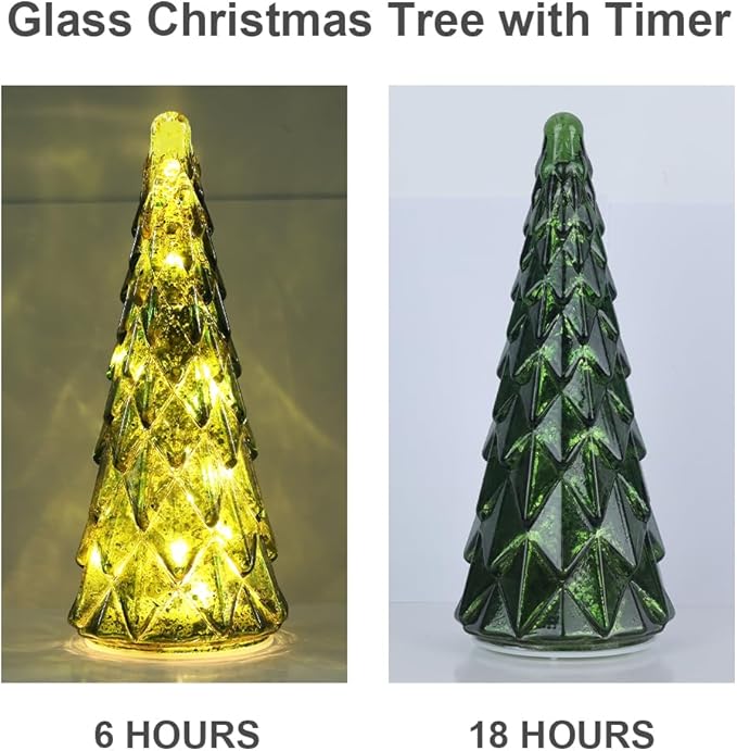 Christmas Decorations Indoor, YEAHOME Set of 3 Pre-lit Green Glass Christmas Tree for Home Decor, Christmas Table Decorations Lighted Xmas Tree with Timer for Living Room Mantel Tabletop Party