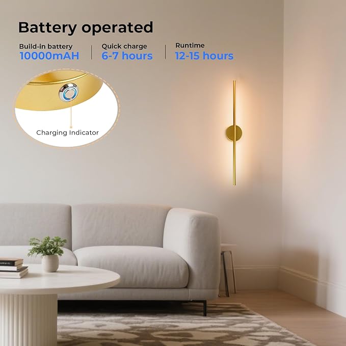1 Pack Battery Operated Wall Sconce Detachable 360°Rotate, Wireless Wall Light 3000-6500K Dimmable, 10000mAh Rechargeable Wall Lamp for Bedroom, Living Room,28 Inch Gold