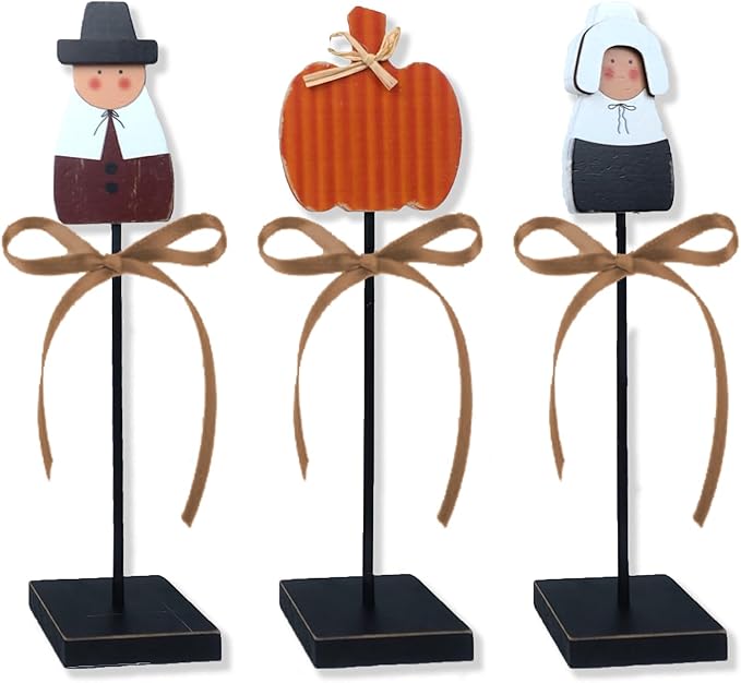 3 Pcs Thanksgiving Tiered Tray Decor Turkey Wooden Table Pilgrim Couple Decorations Indoor Fall Sign for Thanksgiving aumtum Home Table Decor