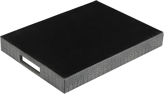 HofferRuffer Rectangle Serving Tray with Hole Handles for Coffee Table, Breakfast, Tea, Food, Butler - Countertop, Kitchen, Vanity Serve Tray, 16.2 x 12.2 x 2 inches, Faux Leather Tray (Dark Grey)