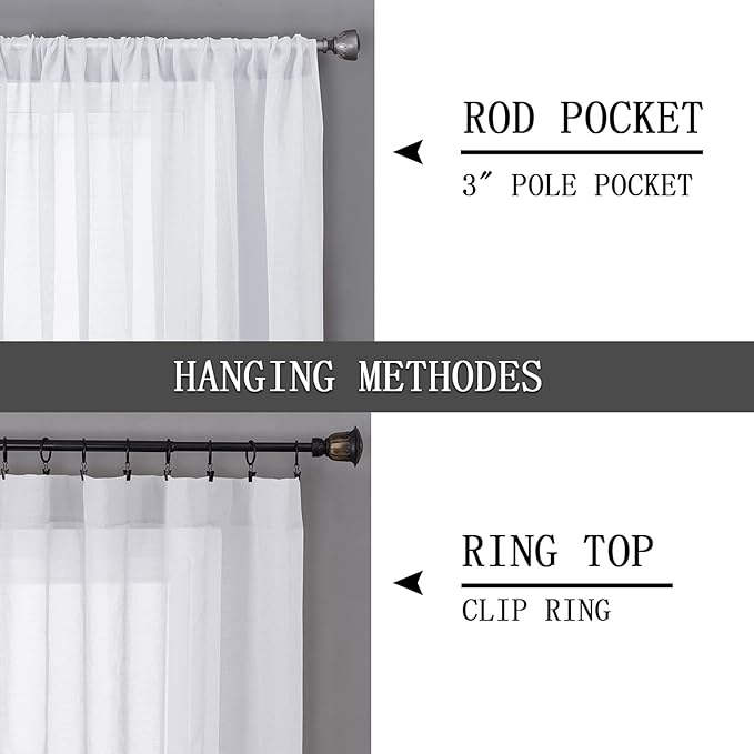 Tollpiz Sheer Curtains Linen Textured Bedroom Curtain Sheers Light Filtering Rod Pocket Voile Curtains for Living Room, 54 x 63 inches Long, White, Set of 2 Panels