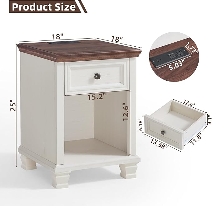 Farmhouse End Tables Living Room Set of 2, Rustic Wood Nightstand with 1 Drawer, Bedside Table with Open Shelf for Bed Room, Side Table for Living Room, White