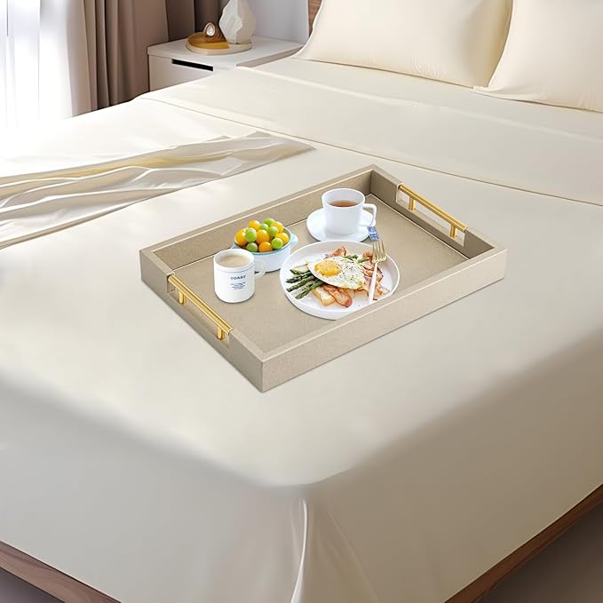 Champagne Faux Leather Serving Tray with Handles,20x14 inches, Large Decorative Tray for Ottoman Coffee Table Decor Living Room, Kitchen, Bathroom