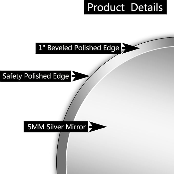 24" Frameless Beveled Round Mirror with 1" Edge for Bathroom, Entryways, Vanity Wall Decor