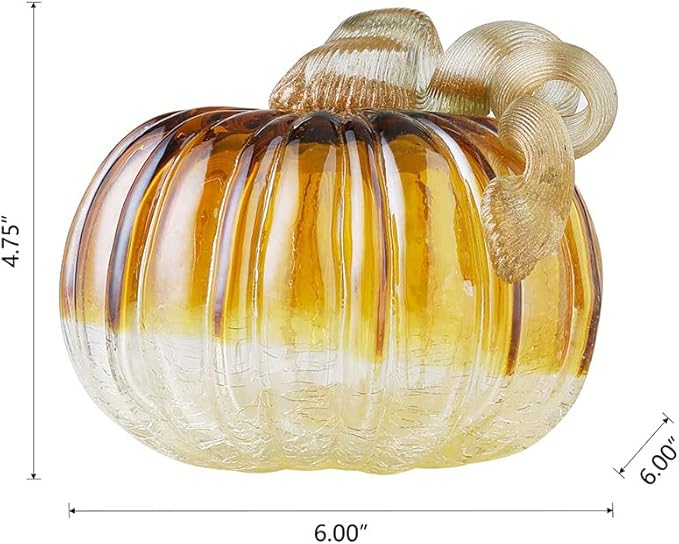 Glitzhome Hand Blown Two-Tone Crackle Glass Pumpkin Elegant Table Accent Amber 4.72 Inch
