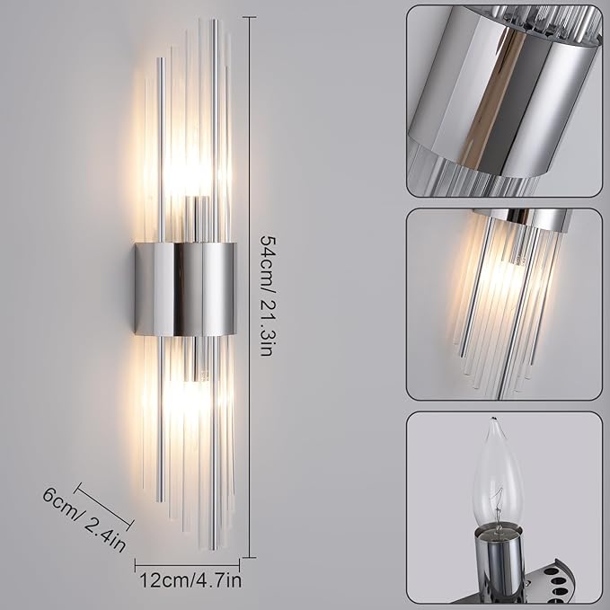 Chrome sconces Wall Set of 2, Silver Crystal Wall sconces Set of Two, Modern Wall Sconce Decoration (Set of Two) for Living Room, Bedroom, Bathroom, Vanity, Stairs, Hallway,with 4 E12 Light Sources