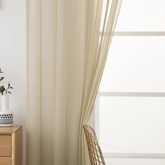 MIULEE 2 Panels Solid Color Sheer Window Curtains Elegant Window Voile Panels/Drapes/Treatment for Bedroom Living Room (54 X 102 Inches Beige)