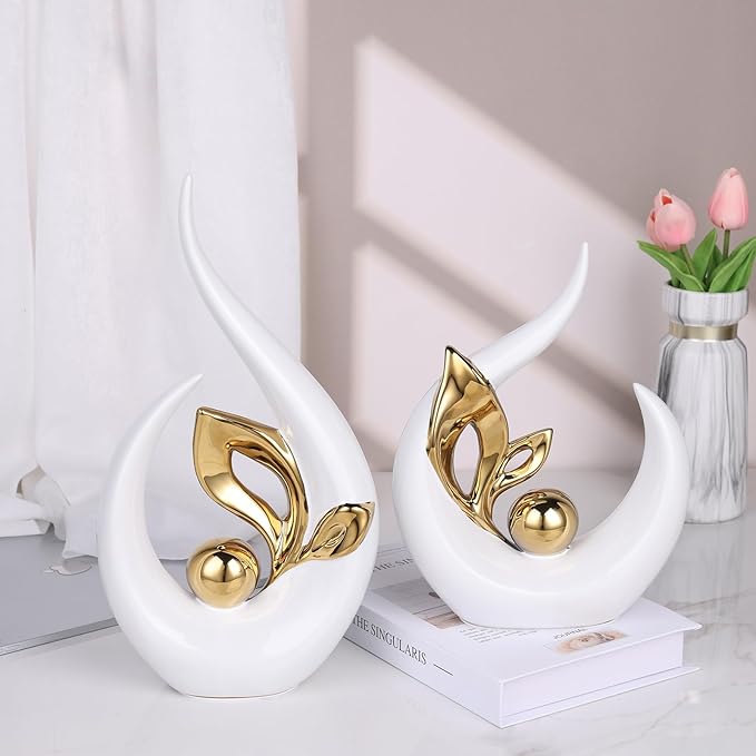13" H White Gold Abstract Sculptures Home Decor, Ceramic Art Statue Cool Stuff to Put on Shelves&tv Stand Decor, Gold Accent Entertainment Center, for Fireplace Coffee Table Dining Table Decorate