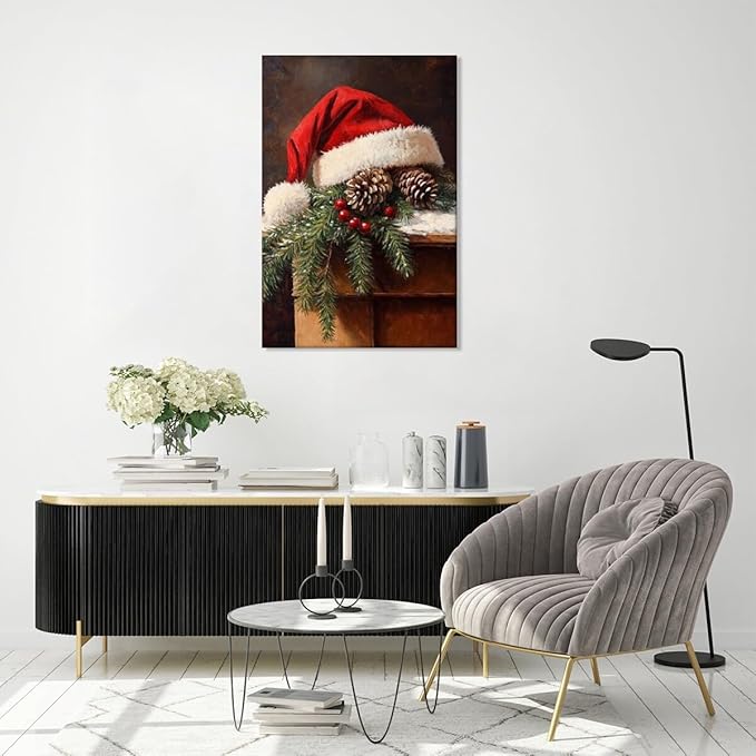 Vintage christmas wall art santa hat painting pine cone winter cottagecore canvas poster for christmas home decor bedroom living room Framed8x12inch