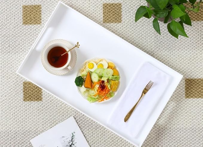 Glossy White Acrylic Serving Tray with Handles-Lucite Tray for Ottoman,Coffee Table, Breakfast, Tea, Food, Butler - Decorative Tray (12x20 Inch, White)