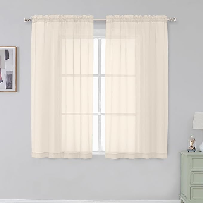 Aiyufeng Cream Sheer Curtains 54 Inch Length 2 Panels Set for Living Room, Light Filtering Green Window Sheers Drapes for Bedroom, Each 42" W x 54" L