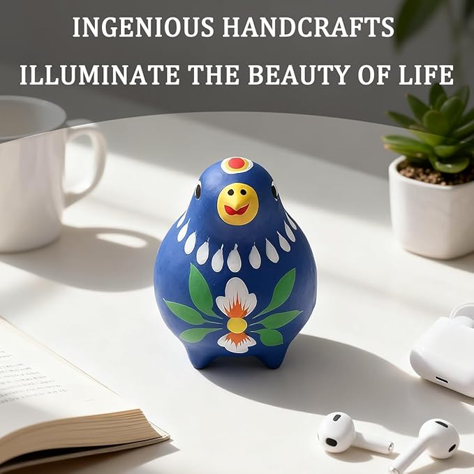 Decorative Clay Bird Figurines Hand-Painted Folk Art Design Collectible Smal Figurines Holiday Birthday Couples Friend Unique Gift Idea Decorative Home Art Table Bring Good Luck (Blue)