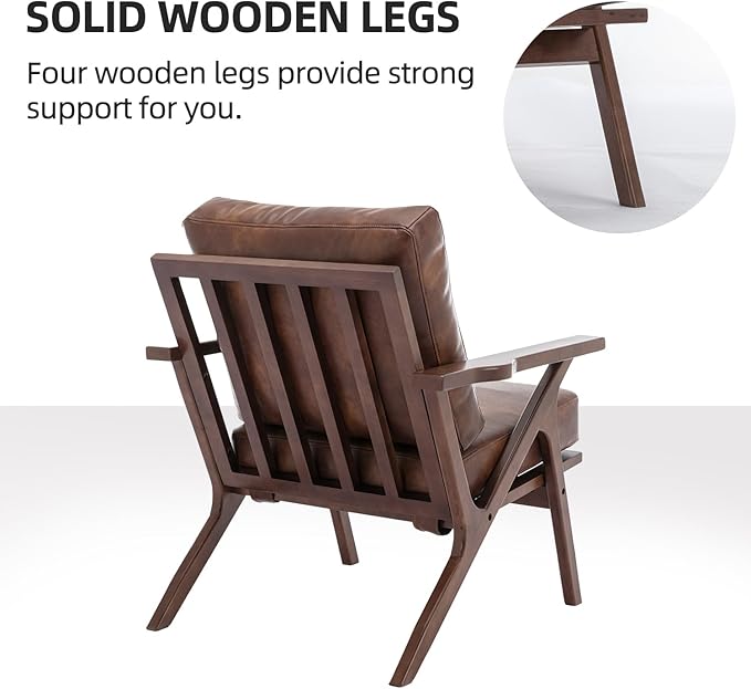 INZOY Mid-Century Modern Accent Chair with Wood Frame, PU Leather Living Room Chair and Soft Thick Padded Armchair for Living Room Bedroom Reception with Removable Upholstered Cushions, Reddish Brown