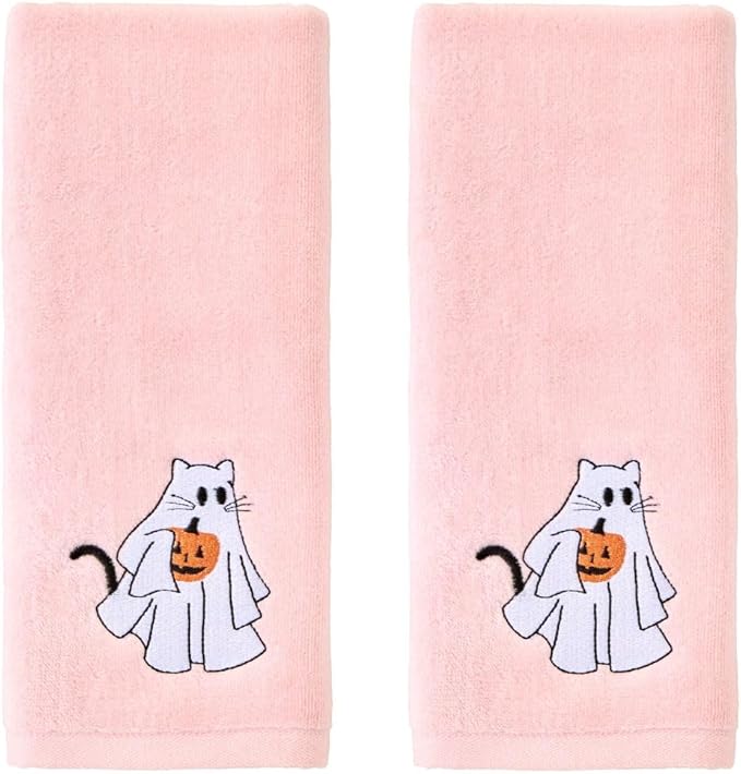 SKL Home Halloween Ghost Cat 100% Cotton Embroidered 2pc Hand Towel Set, Decorative for Bath/Kitchen/Bar & Gift, Pink