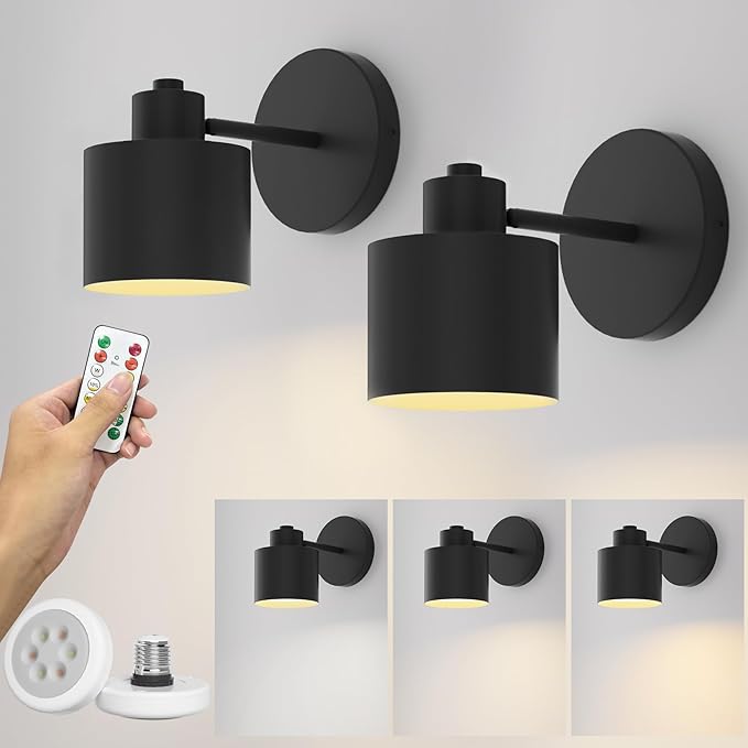 Tipace Vintage Battery Operated Wall Sconces,Cordless Battery Powered LED Wall Lights Set of 2,Wall Lamp Fixture Black 360°Rotate with Remote Control for Bedroom Farmhouse Gallery