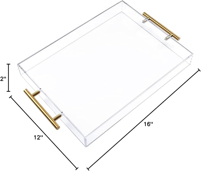 12"x16" Clear Acrylic Serving Tray with Golden Handles, Sturdy Huge Capacity Acrylic Tray for Coffee, Juice, Kitchen and Desk Organizer, Storage Tray (12"x16")