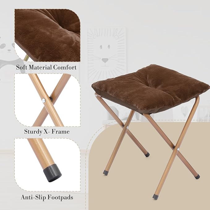 Athena Collection Saucer Chair with Ottoman Comfy Chair for Bed Room Living Room Folding Round Cozy Chair Faux Fur Metal Frame Foldable Lazy Chair Accent Chair Reading Chair Set of 2, Brown