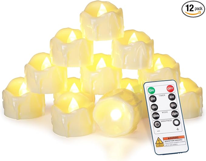 Homemory 12pcs Remote Timer LED Tea Lights Candles, 400+Hours Flickering Flameless Battery Votive Tealights for Tabletop Lighting, Centerpieces Decor, Holiday, White Base